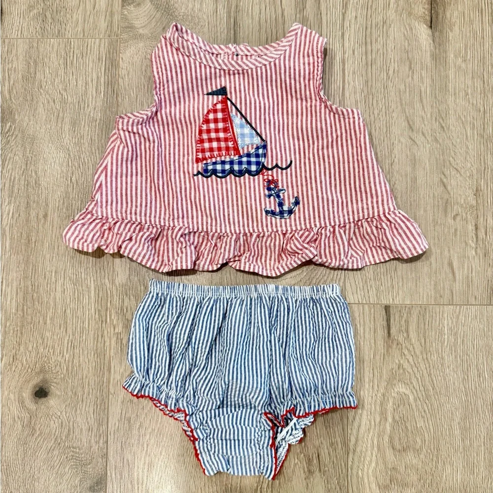 Mud Pie Sailboat Baby Girl Pinafore Set Size 9-12 Months 4th of July Outfit